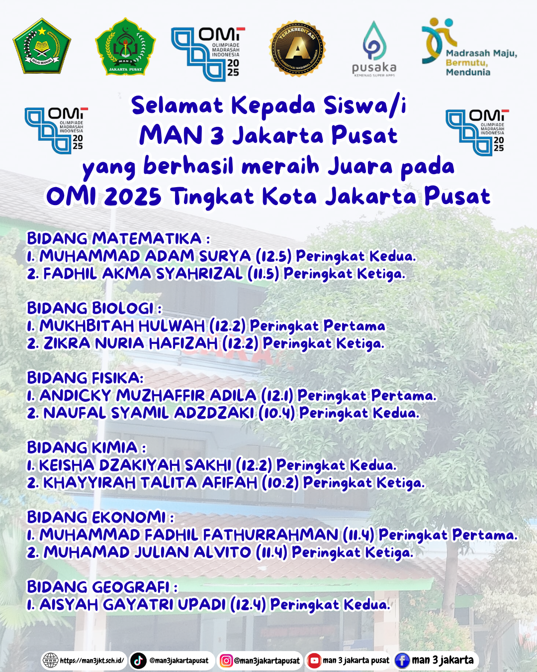 MAN 3 Jakarta Pusat Raih 11 Prestasi di Olimpiade Madrasah Indonesia (OMI) 2025 Tingkat Kota MAN 3 Jakarta Pusat Raih 11 Prestasi di Olimpiade Madrasah Indonesia (OMI) 2025 Tingkat Kota